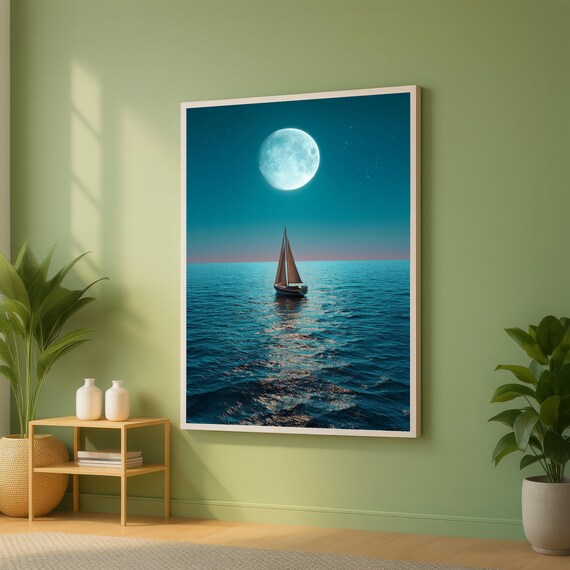 Moonlit Sailboat Night Ocean Calm Seas Nautical Decor Poster