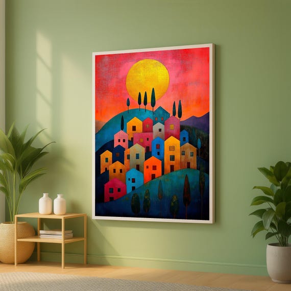 Colorful Village Sunset Canvas Abstract Hillside Houses Wall Art Modern Landscape Vibrant Home Decor Ready To Hang Painting