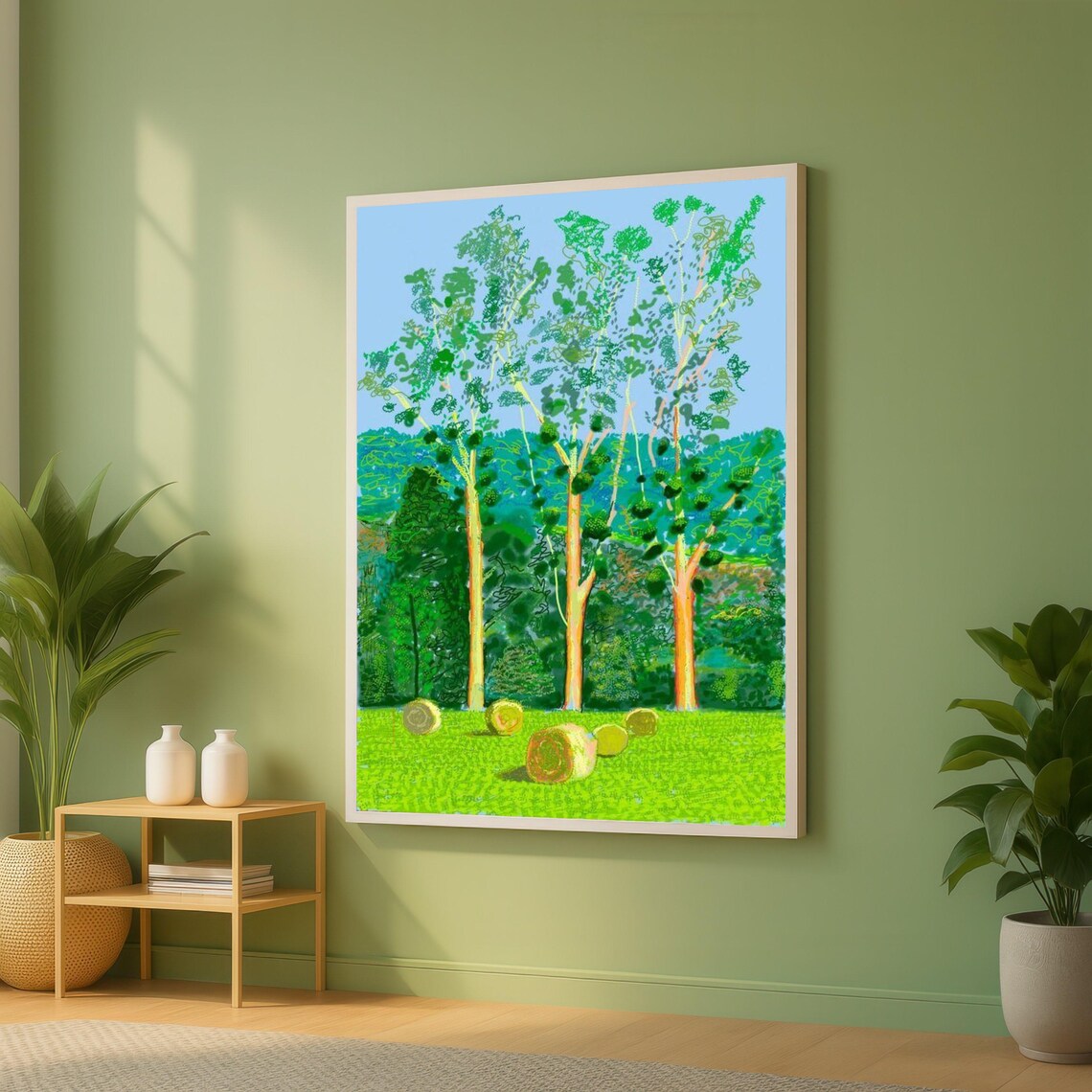 Vibrant Green Trees and Hay Bales Modern Landscape Painting Poster