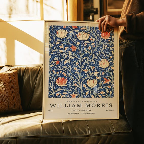 Vintage Flower Poster Blue And Coral Botanical Wall Art Print William Morris Inspired Floral Design For Living Room Or Office Decor