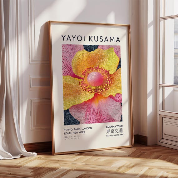Vibrant Kusama Floral Wall Art Print Japanese Exhibition Poster In Yellow Pink Orange Bold Flower Art For Bedroom Living Room Office