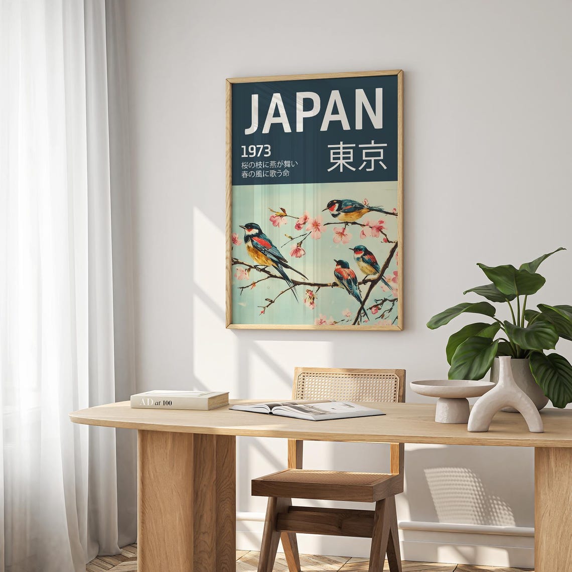 Japan 1973 Tokyo Birds Cherry Blossom Retro Travel Art Poster - Image 2