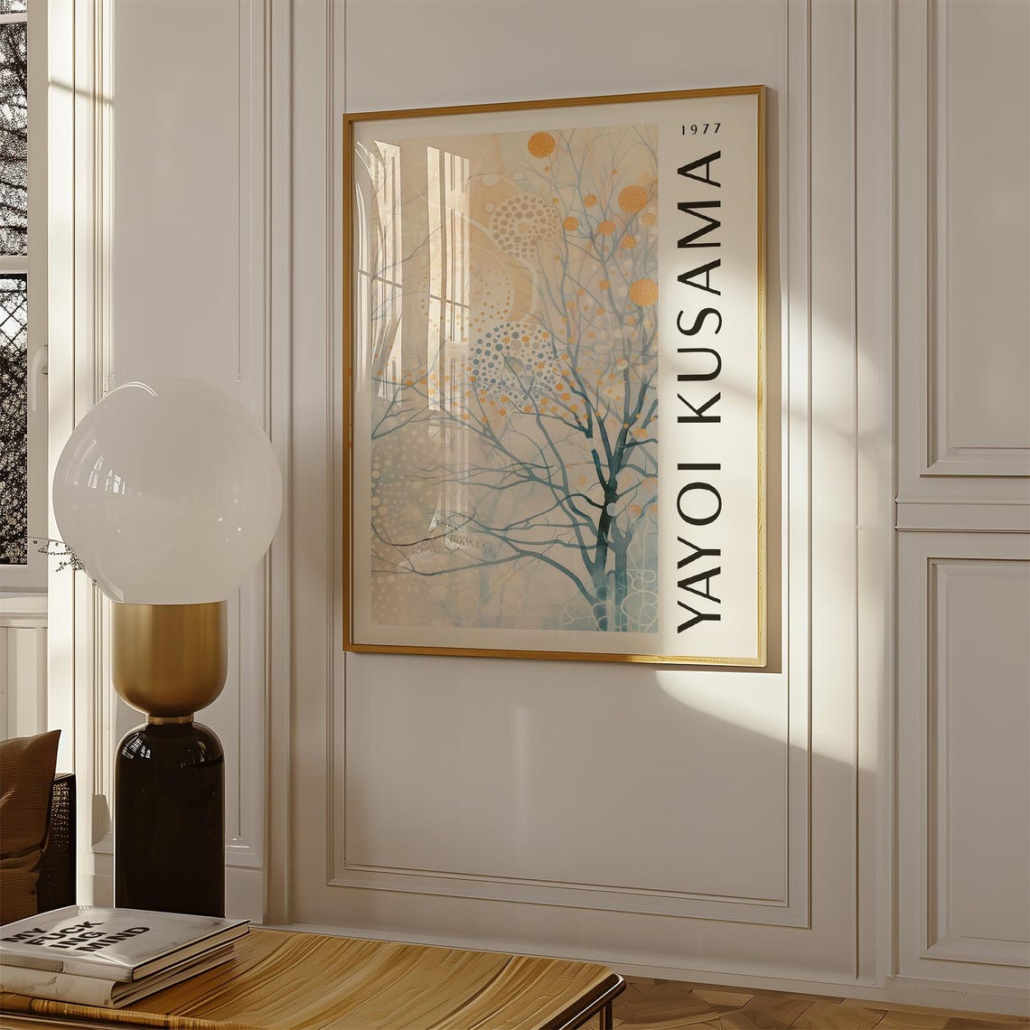 Yayoi Kusama 1977 Pale Blue Tree with Gold Polka Dots Poster - Image 2