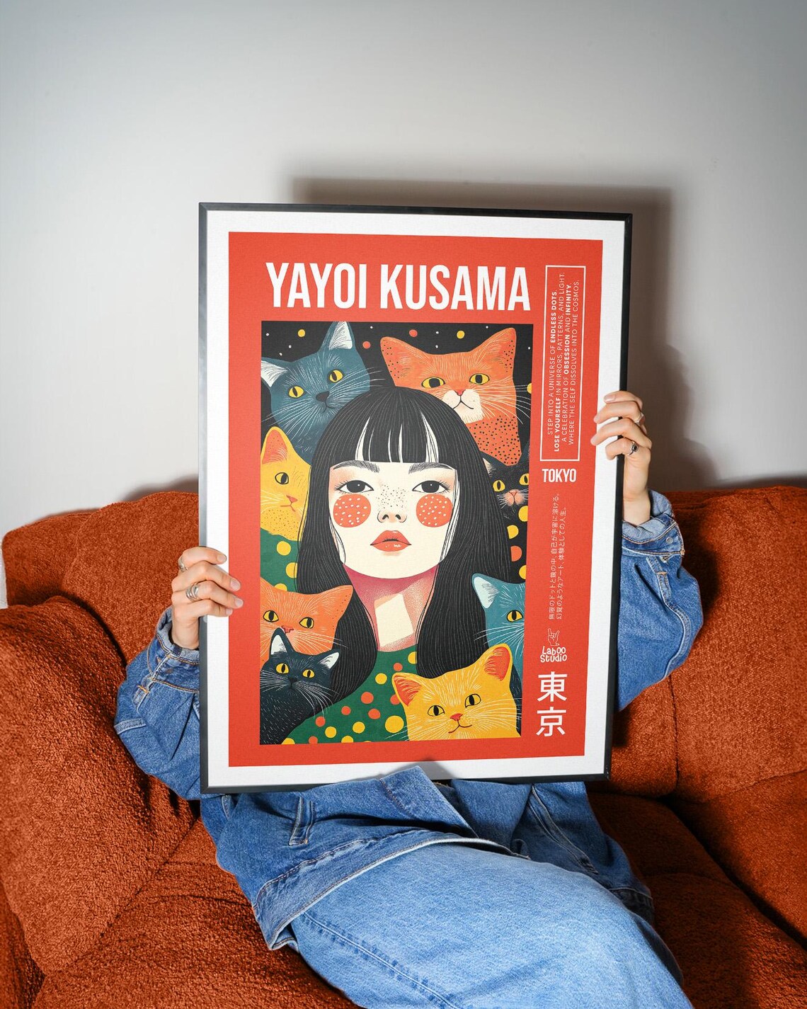 Pop Art Girl Surrounded by Cats on Red Tokyo Kusama Style Poster - Image 3
