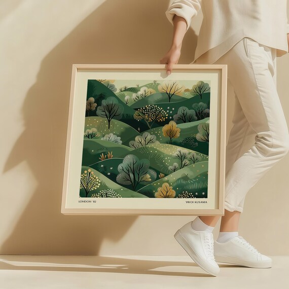 Green Hills Abstract Landscape Print Minimalist Wall Art Nature Poster Japandi Decor For Living Room Or Bedroom Inspired By Yayoi Kusama Art