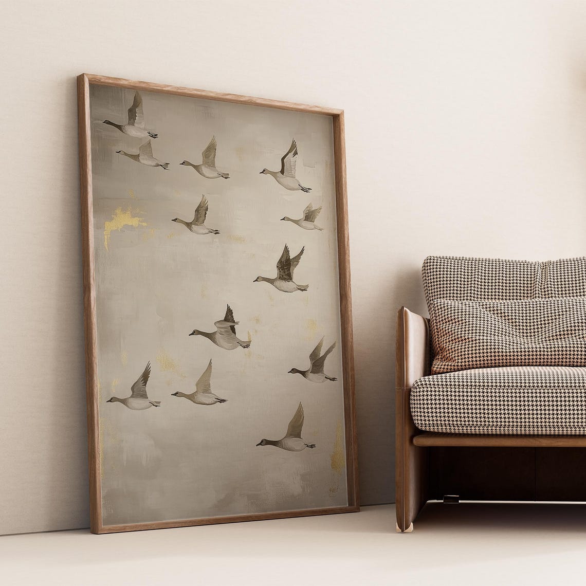 Flying Cranes Flock Beige Minimalist Birds in Flight Scene Poster - Image 4