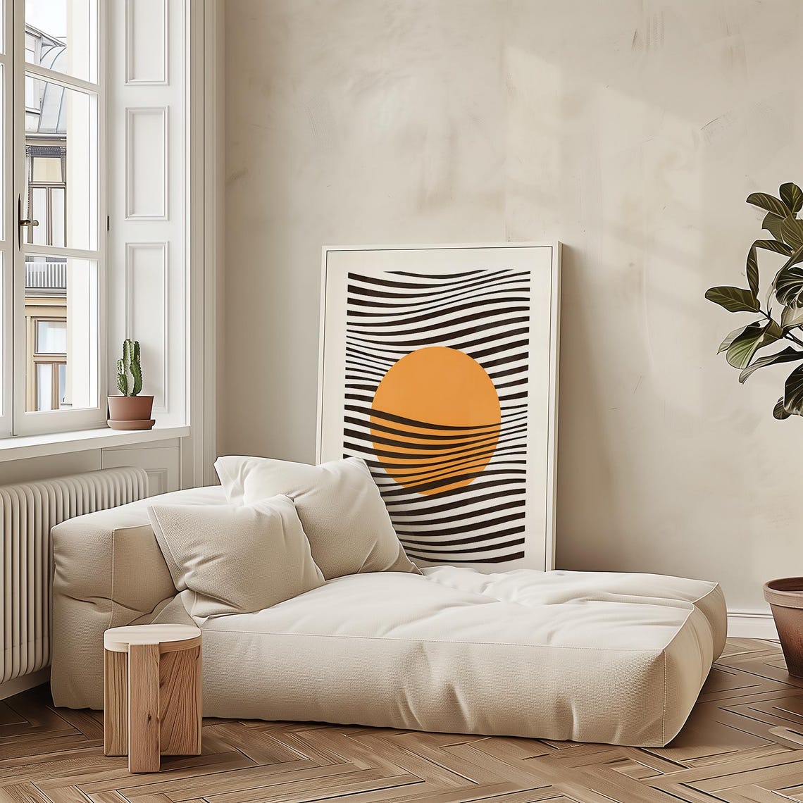 Bauhaus 1919 Orange Sun Black Wavy Line Retro Modern Art Poster - Image 2