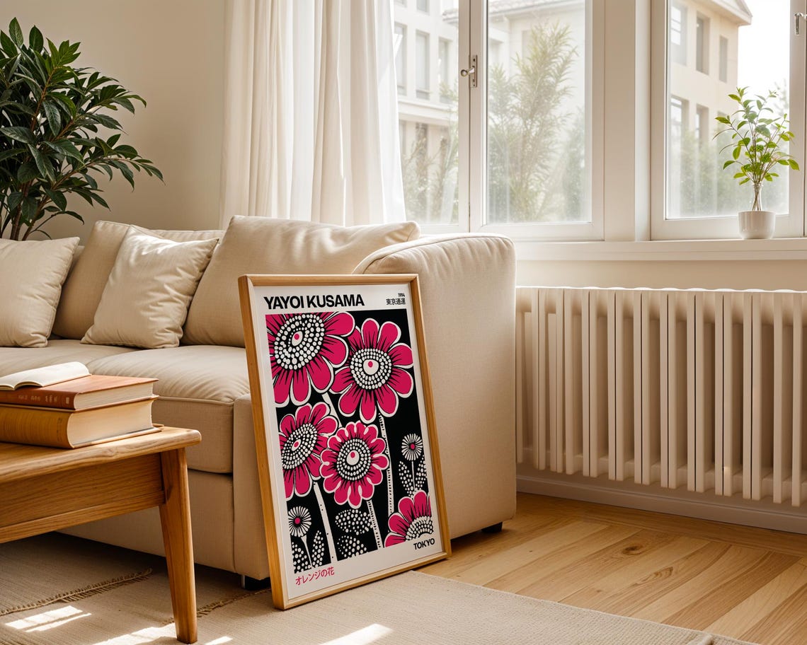 Yayoi Kusama Orange Flowers 1994 Pink Floral Black Art Poster - Image 3