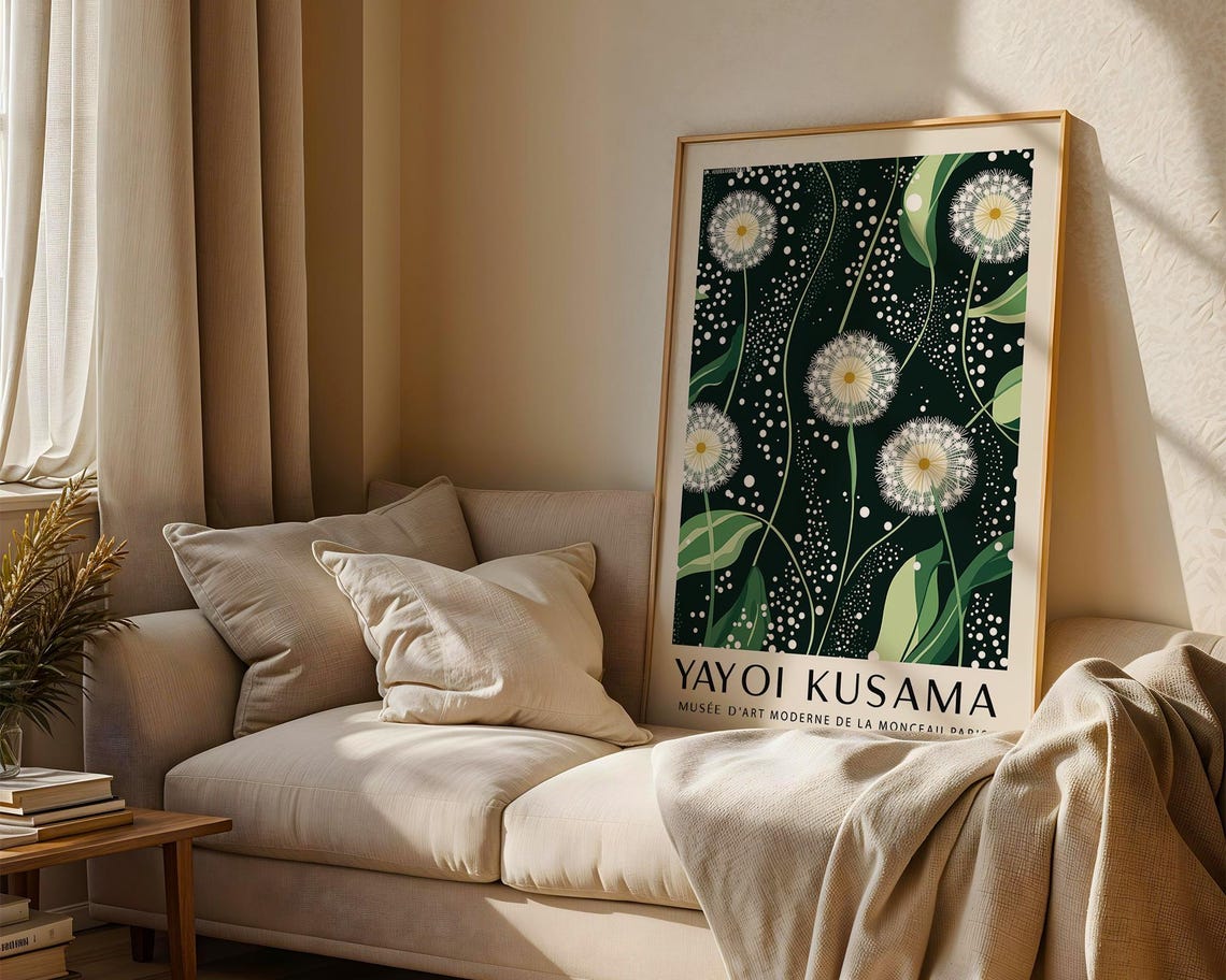 Yayoi Kusama Dandelion Deep Green Botanical Dotted Exhibition Print - Image 3