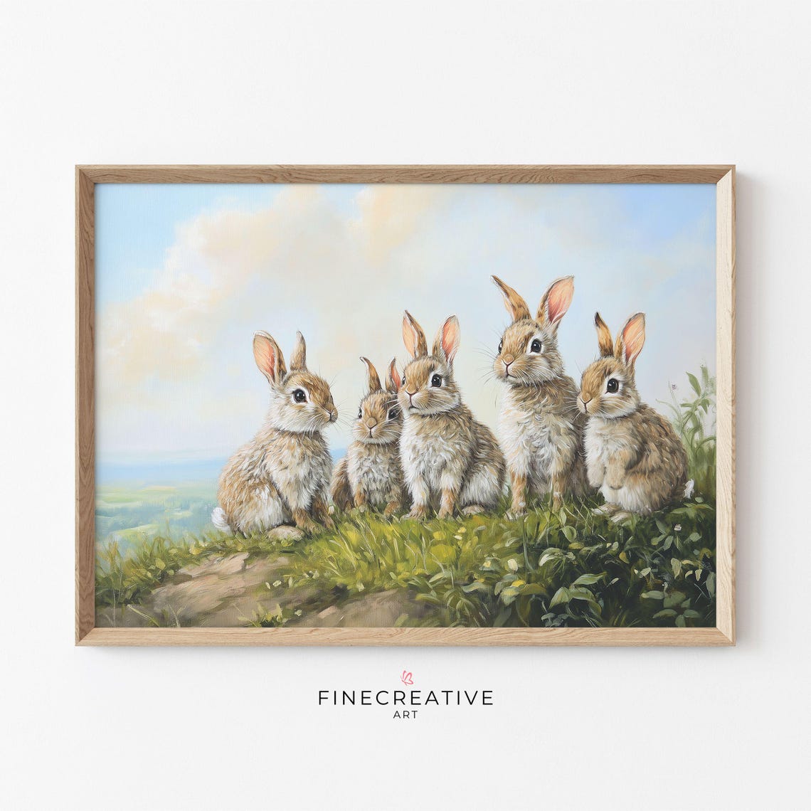 Five Adorable Bunnies On Sunny Meadow Hill Easter Spring Wall Art