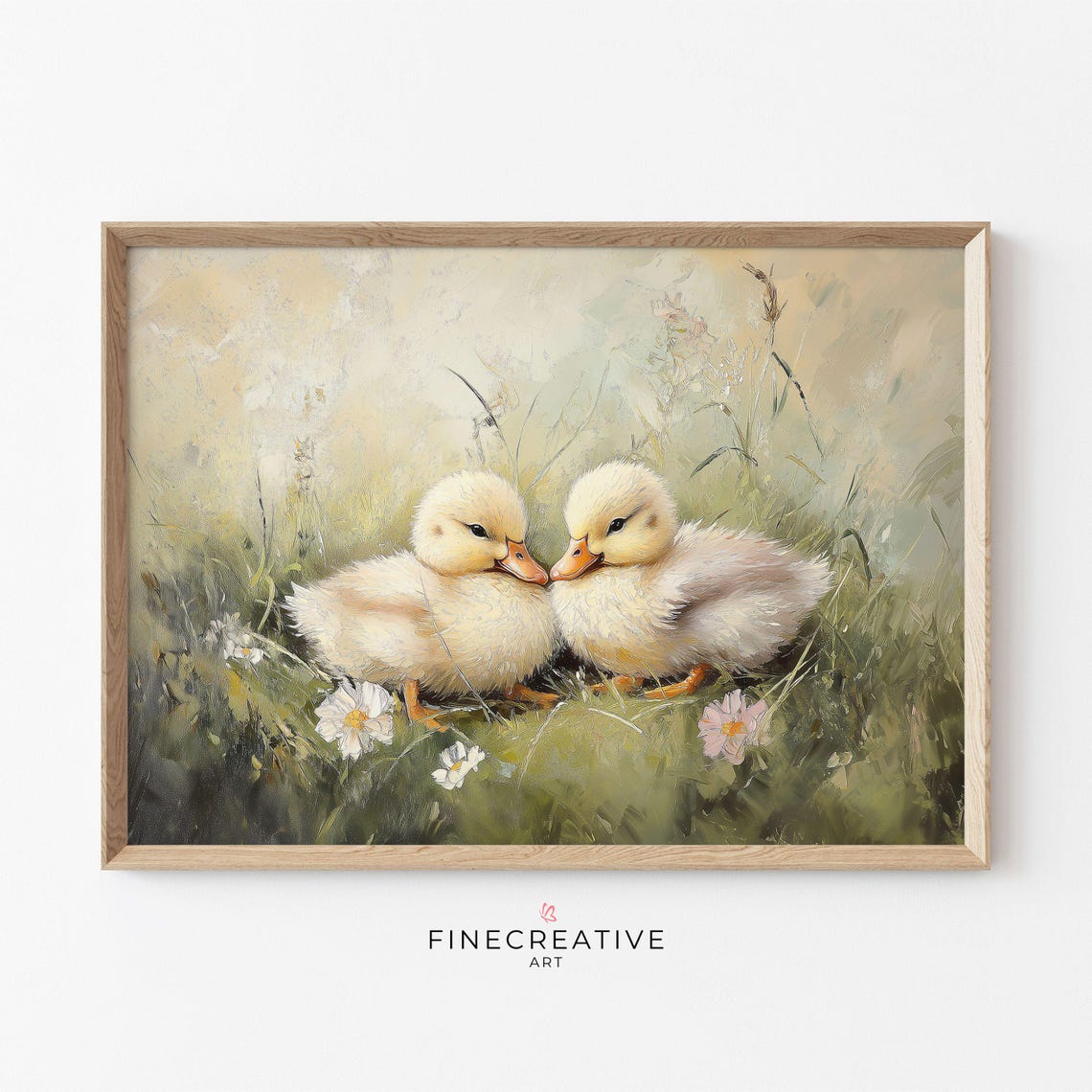Two Baby Ducklings Cuddling In Spring Wildflower Grass Print