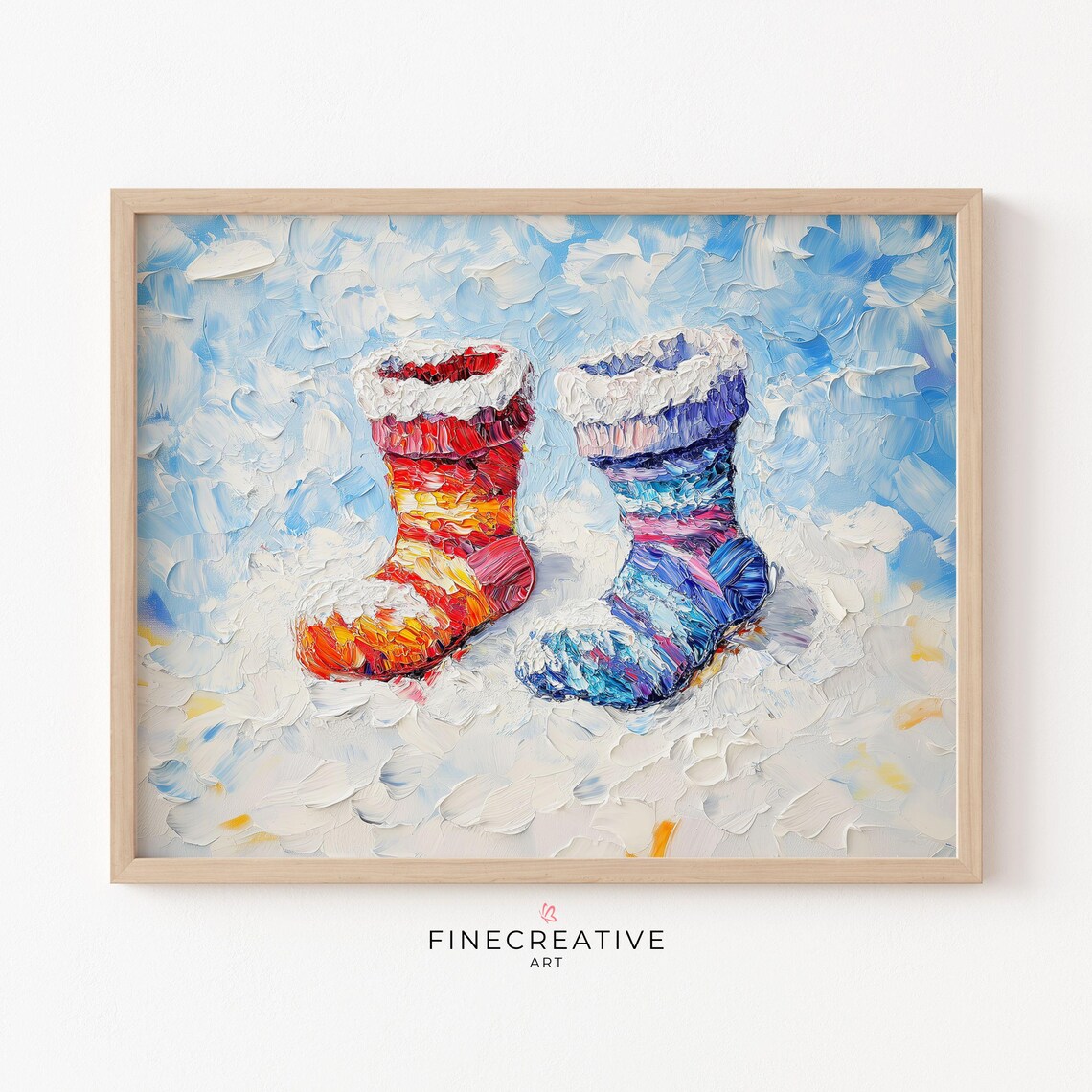 Cozy Winter Socks in Snow Impasto Painting Red Blue Knit Wall Poster