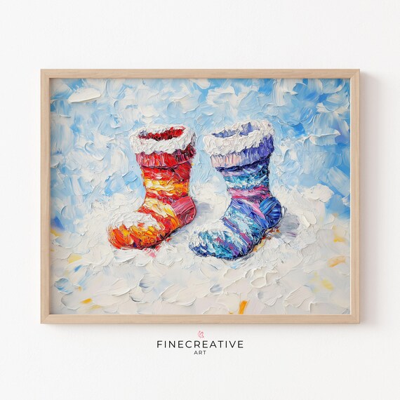 Cozy Winter Socks in Snow Impasto Painting Red Blue Knit Wall Poster