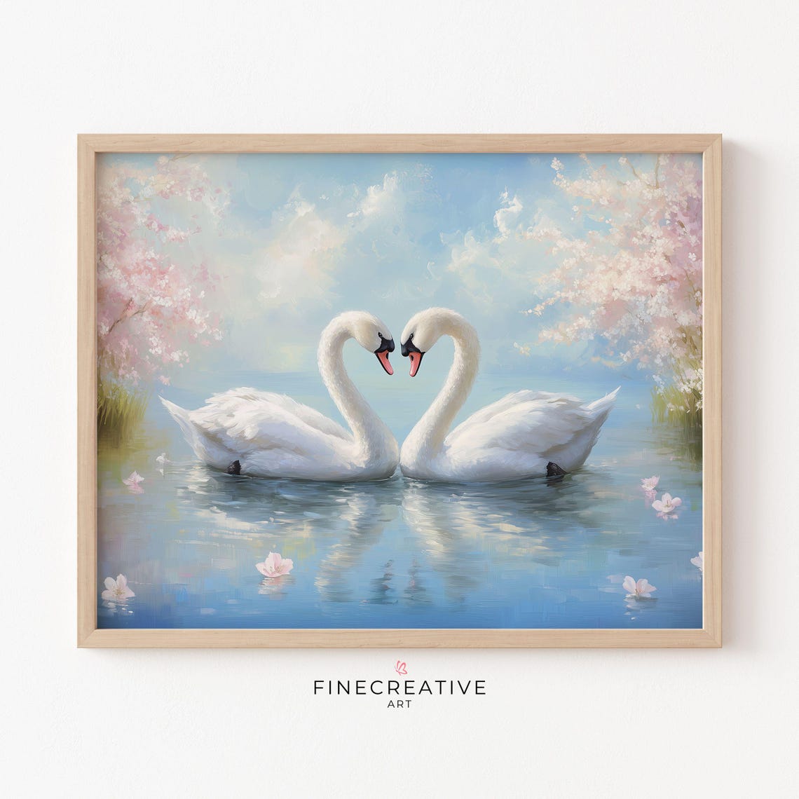White Swans Neck Heart Formation Blossom Lake Painting Poster