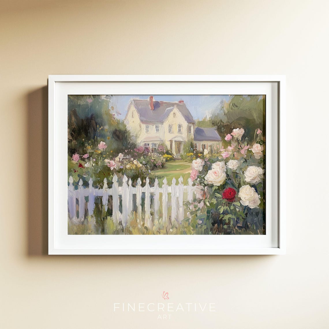 Charming Cottage With White Picket Fence And Rose Garden Print - Image 4