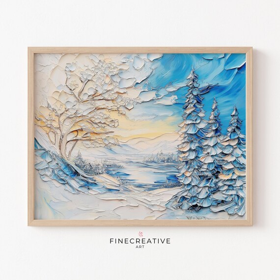 Blue and White Textured Winter Landscape Impasto Pine Trees Poster