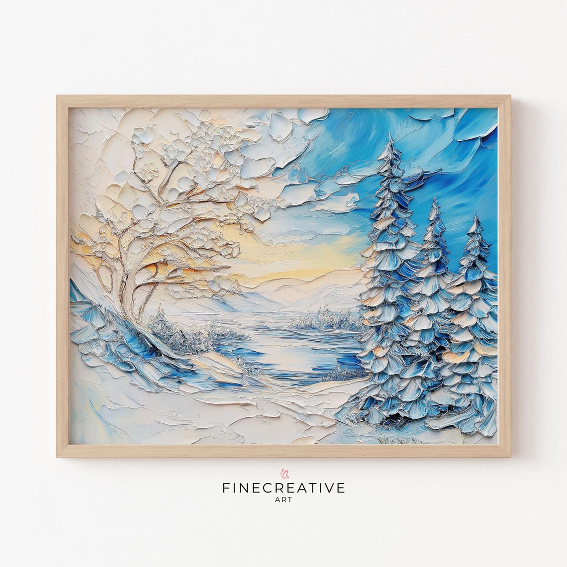 Blue and White Textured Winter Landscape Impasto Pine Trees Poster