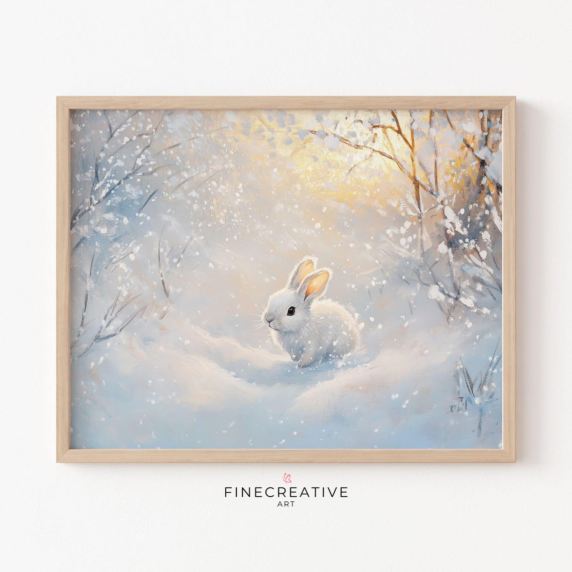 White Snow Hare Sitting In Winter Forest Snow Portrait Poster