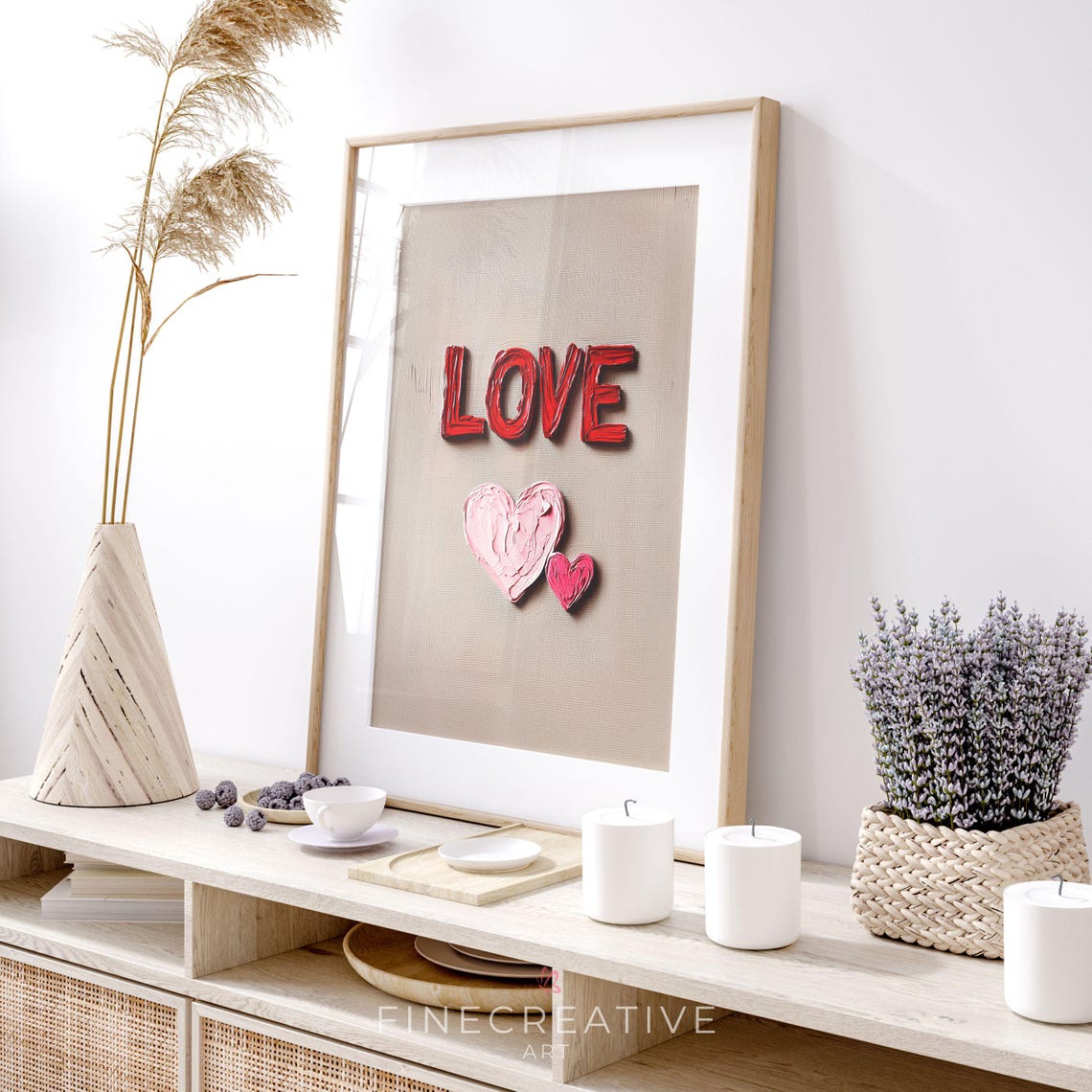 Textured Love Lettering With Pink Hearts Minimalist Wall Art - Image 3