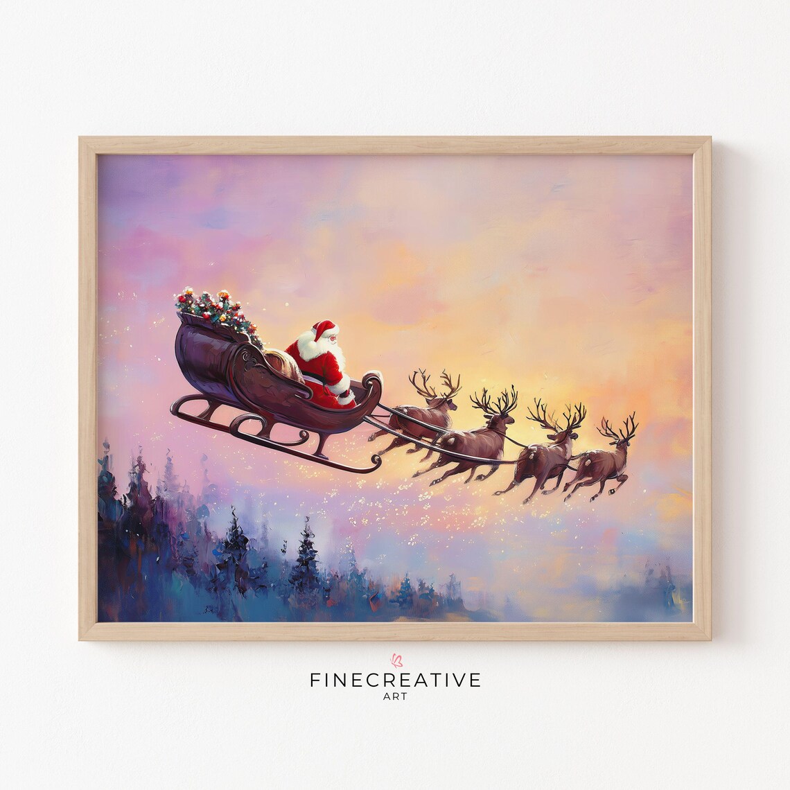 Santa Claus Flying Sleigh with Reindeer Christmas Sunset Sky Poster