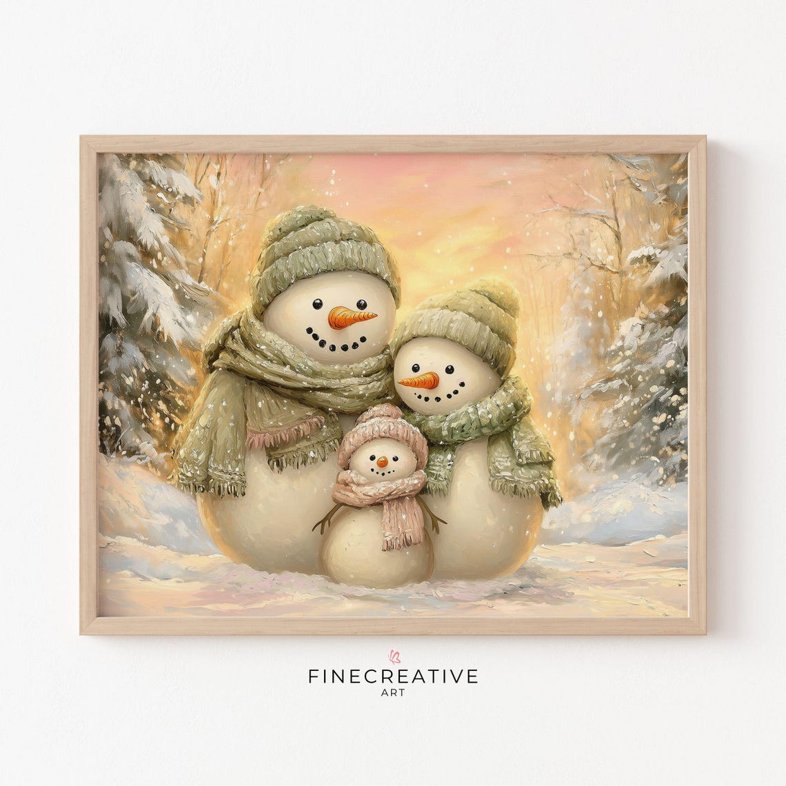 Snowman Family in Snowy Sunset Forest Adorable Christmas Poster