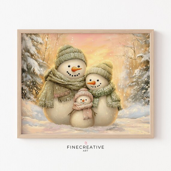 Snowman Family in Snowy Sunset Forest Adorable Christmas Poster