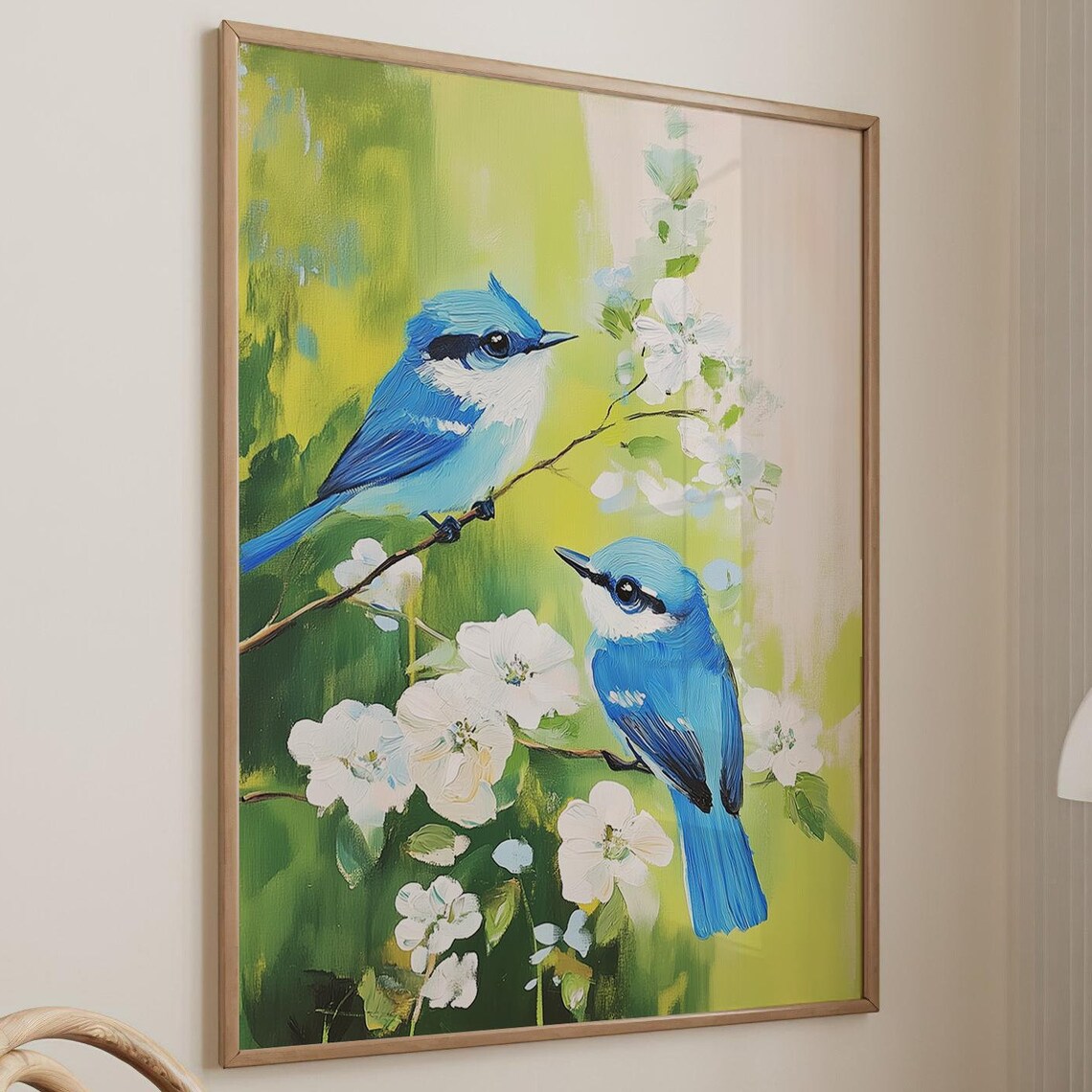 Pair Of Blue Birds Among White Flowers Lime Garden Art Poster