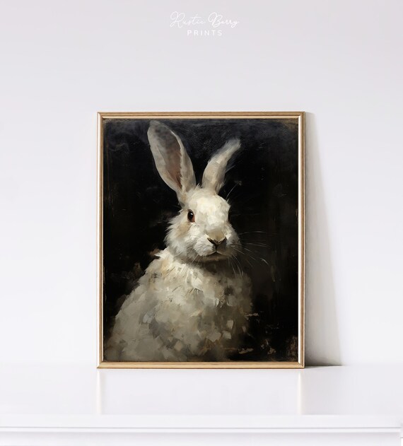 Vintage White Rabbit Portrait Moody Dark Background Oil Art Print