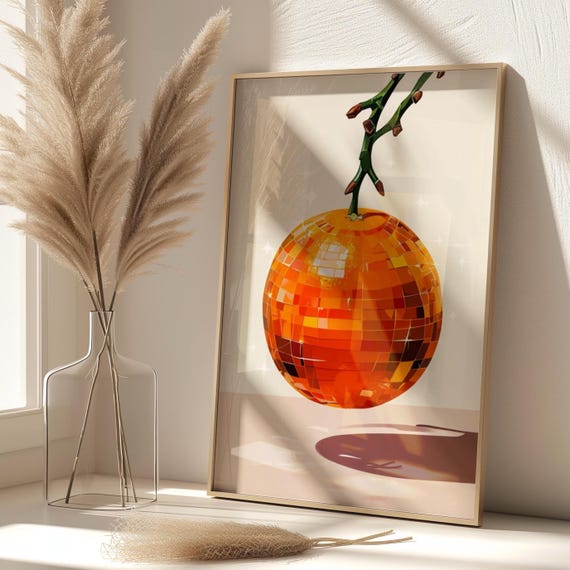 Orange Disco Ball Poster, Retro Funky Kitchen Decor