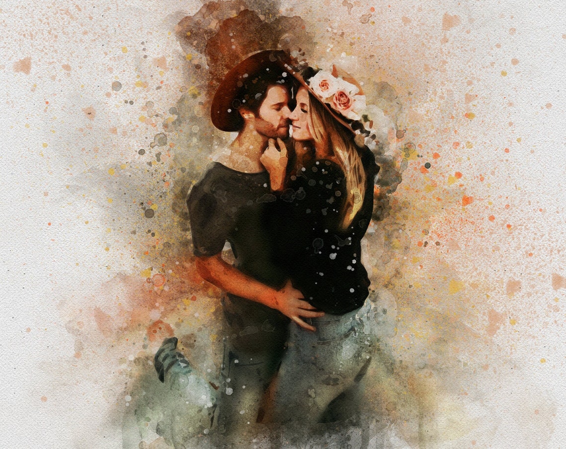 Custom Watercolor Couple Portrait Romantic Gift Art Wall Print