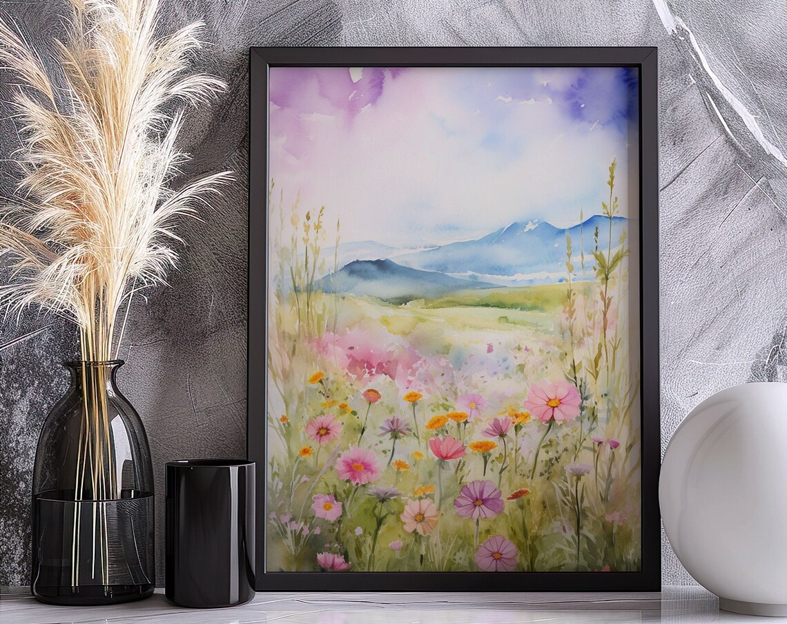 Pastel Wildflower Meadow Watercolor Painting Poster with Soft Mountain Views - Image 4