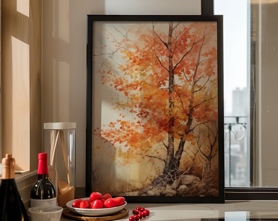 Single Orange Autumn Tree Fall Foliage Watercolor Painting Poster