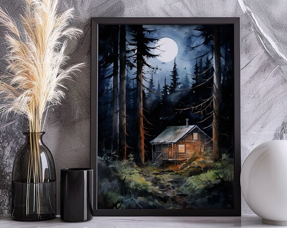 Moonlit Log Cabin Pine Forest Night Watercolor Rustic Cozy Poster