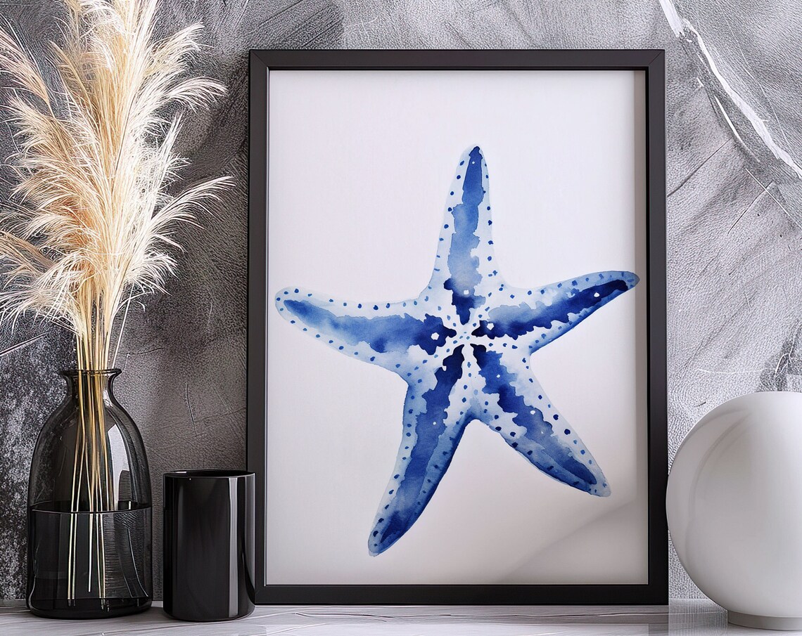 Spotted Blue Starfish Watercolor Sea Life Beach Decor Art Poster