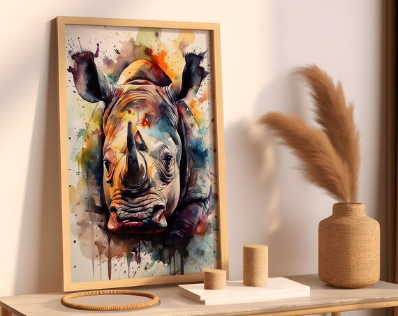 Colorful Rhino Watercolor Portrait Bold Wildlife Animal Art Poster