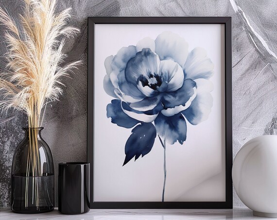 Dusty Blue Peony Watercolor Large Blossom Minimalist Floral Art Poster