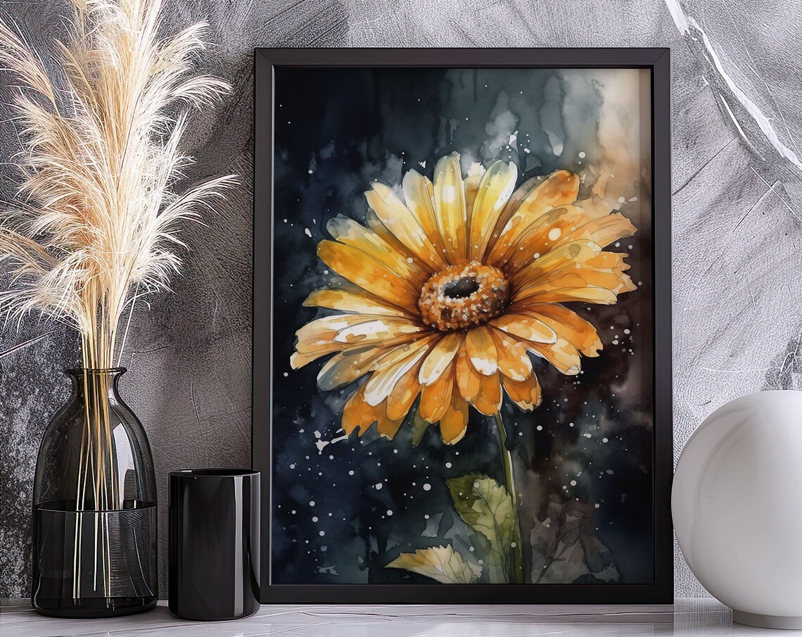 Yellow Daisy Flower Watercolor Bold Dark Floral Scene Poster