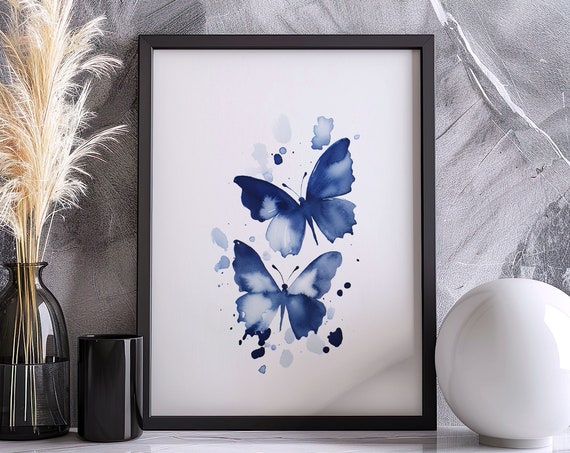 Watercolor Blue Butterfly Wall Art Poster Gift Colorful Painting Illustration Nature Minimalist Decor Beach House Kids Room