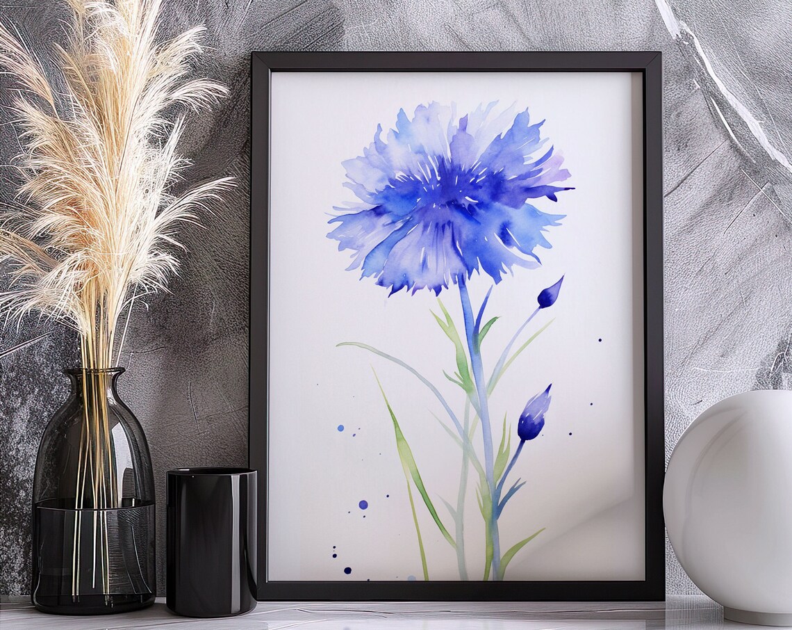 Blue Cornflower Watercolor Single Large Bloom with Buds Minimalist Art Poster