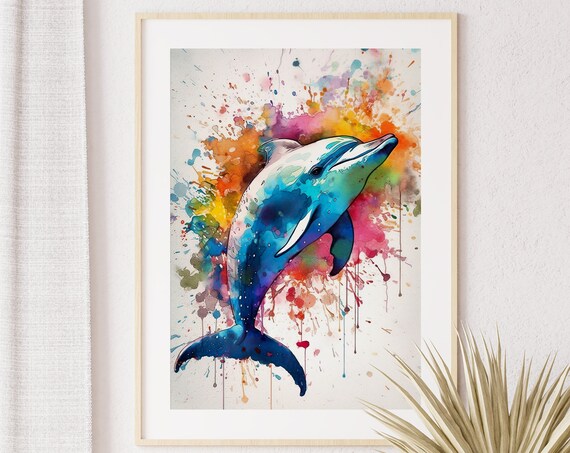 Dolphin Painting Watercolor Wall Art Poster Colorful Animal Drawing Home Decor Illustration Wild Nature Portrait Pet Lovers Print