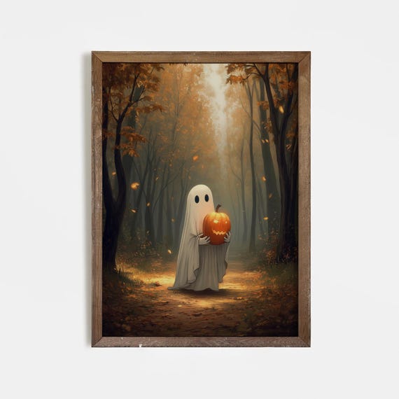 Cute With Pumpkin Art Print Spooky Halloween Wall Decor Autumn Forest Illustration Whimsical Fall Poster