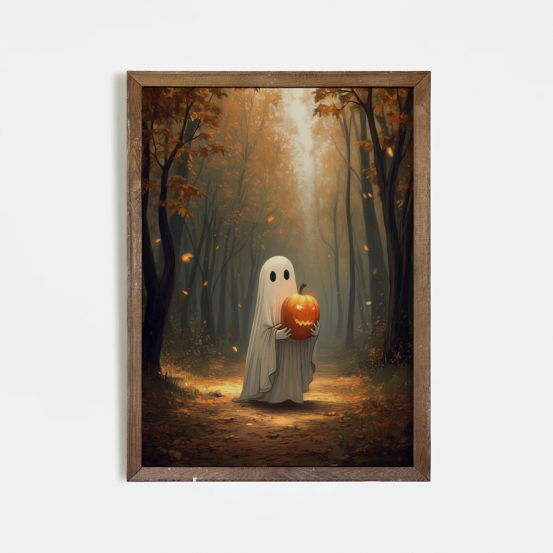 Cute With Pumpkin Art Print Spooky Halloween Wall Decor Autumn Forest Illustration Whimsical Fall Poster