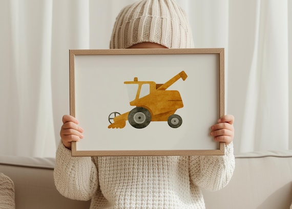 Combine Harvester Kids Poster Watercolor Farm Vehicle Nursery Room Decor