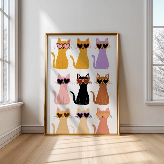 Colorful Cool Cats Wall Art For Kids Funny Cat Poster With Sunglasses Animal Nursery Print Playroom Decor Lovers