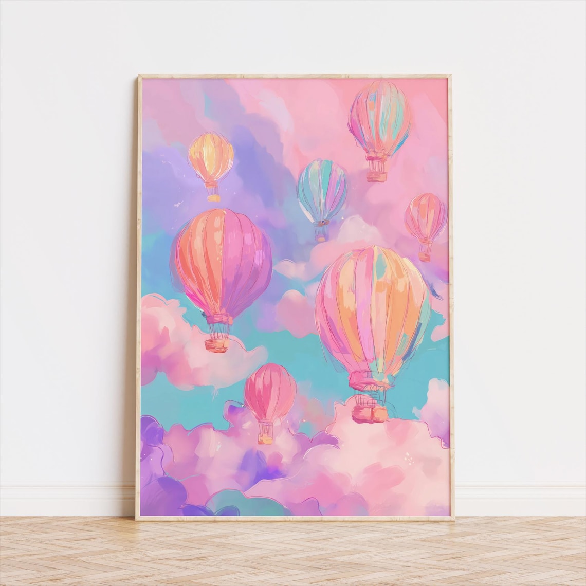 Pastel Hot Air Balloon Poster Whimsical Pink Sky Kids Room Clouds Decor