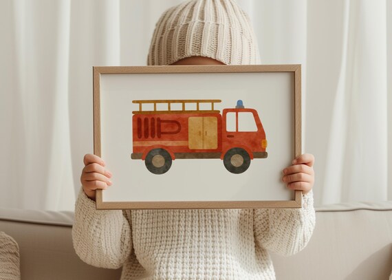 Red Fire Truck Watercolor Illustration Boys Nursery Vehicle Poster