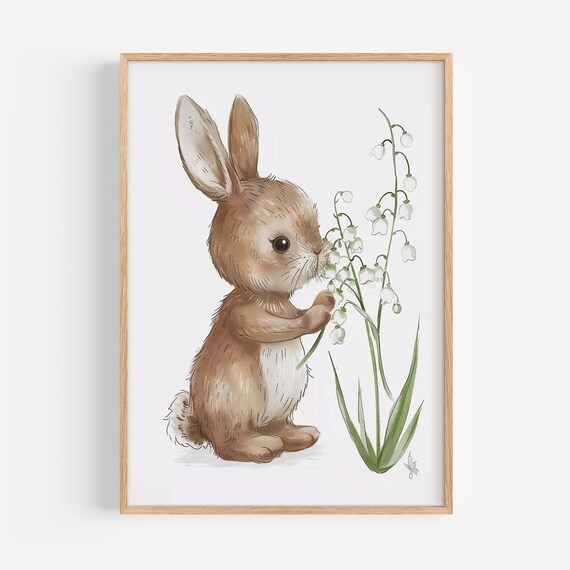 Whimsical Watercolor Bunny Poster Lily Of The Valley Kids Room Decor Pastel Nursery Wall Art