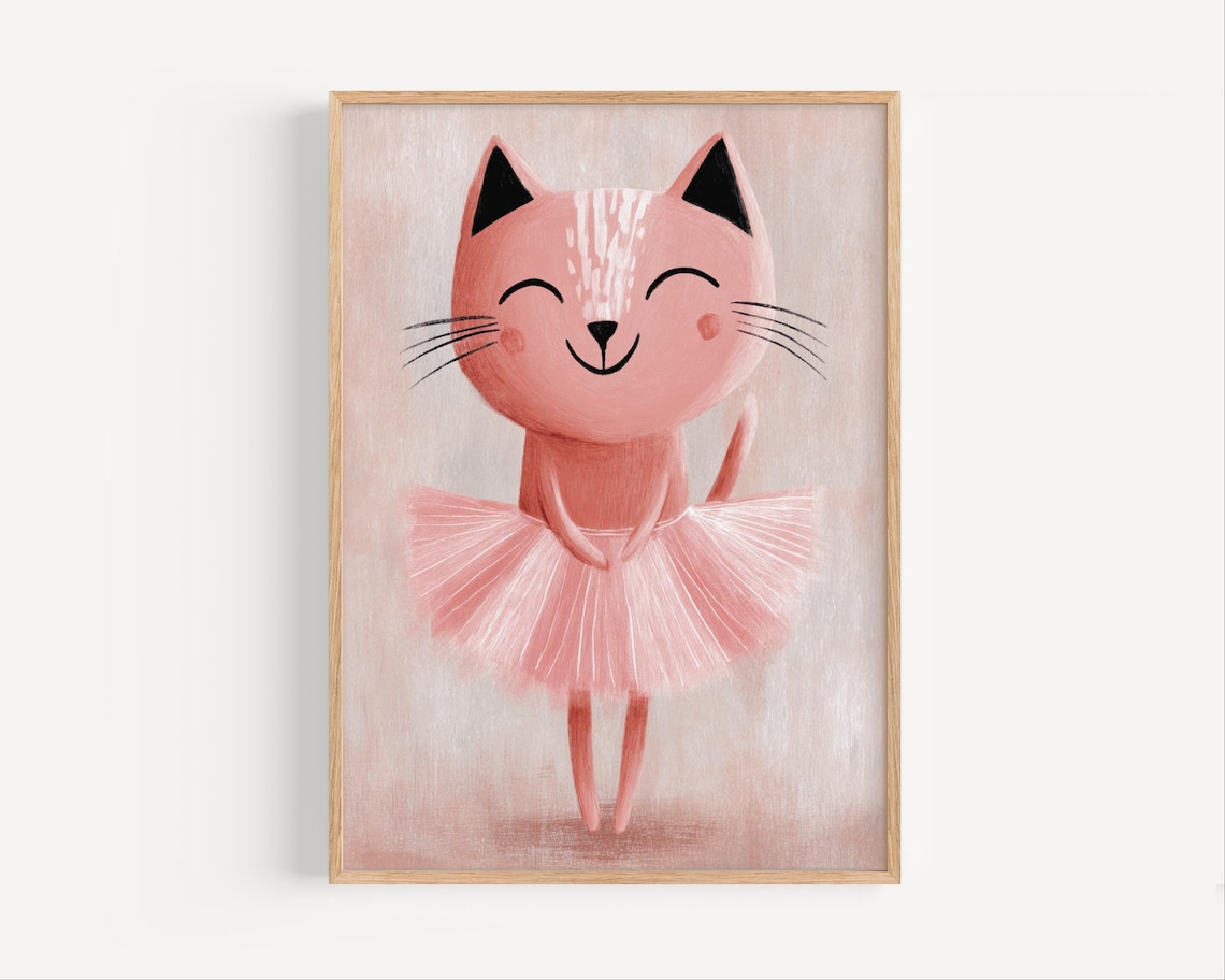 Pink Cat Ballerina Dancing in Pink Tutu Girls Room Funny Poster