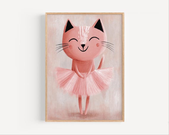 Pink Ballerina Cat Wall Art For Girls Nursery Room Decor Cute Animal Dancing Illustration Baby Poster