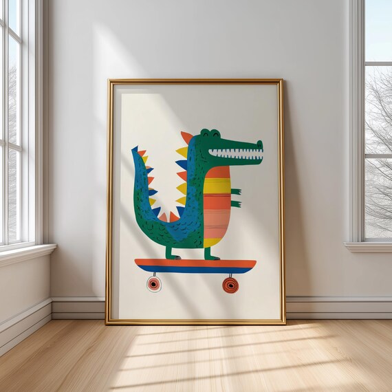 Skateboarding Crocodile Print Fun Animal Wall Art For Kids Room Nursery Boys Decor Playroom Jungle Skate